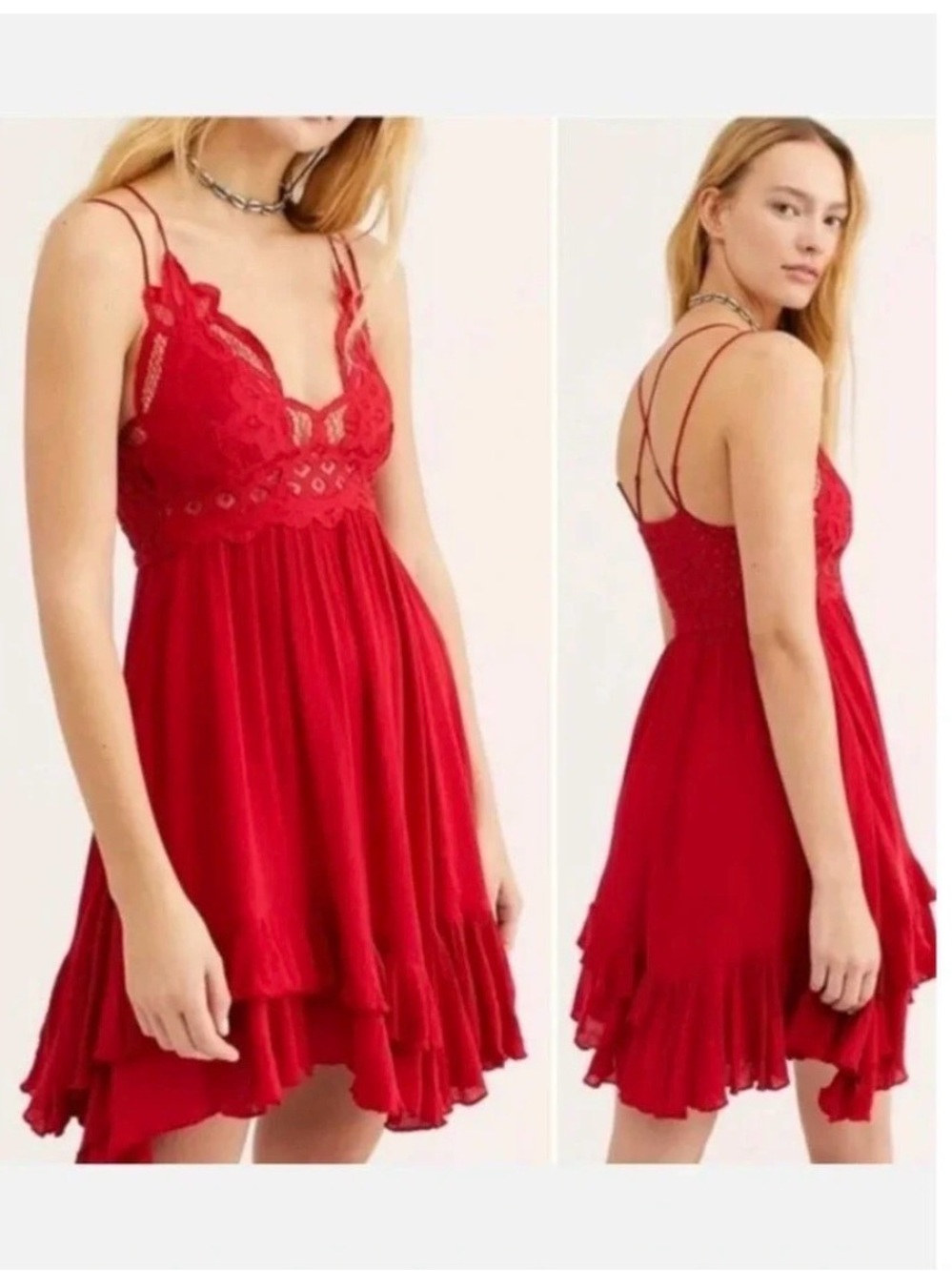 Free People Adella Women's Red Lace-Trim Spaghetti Strap Dress